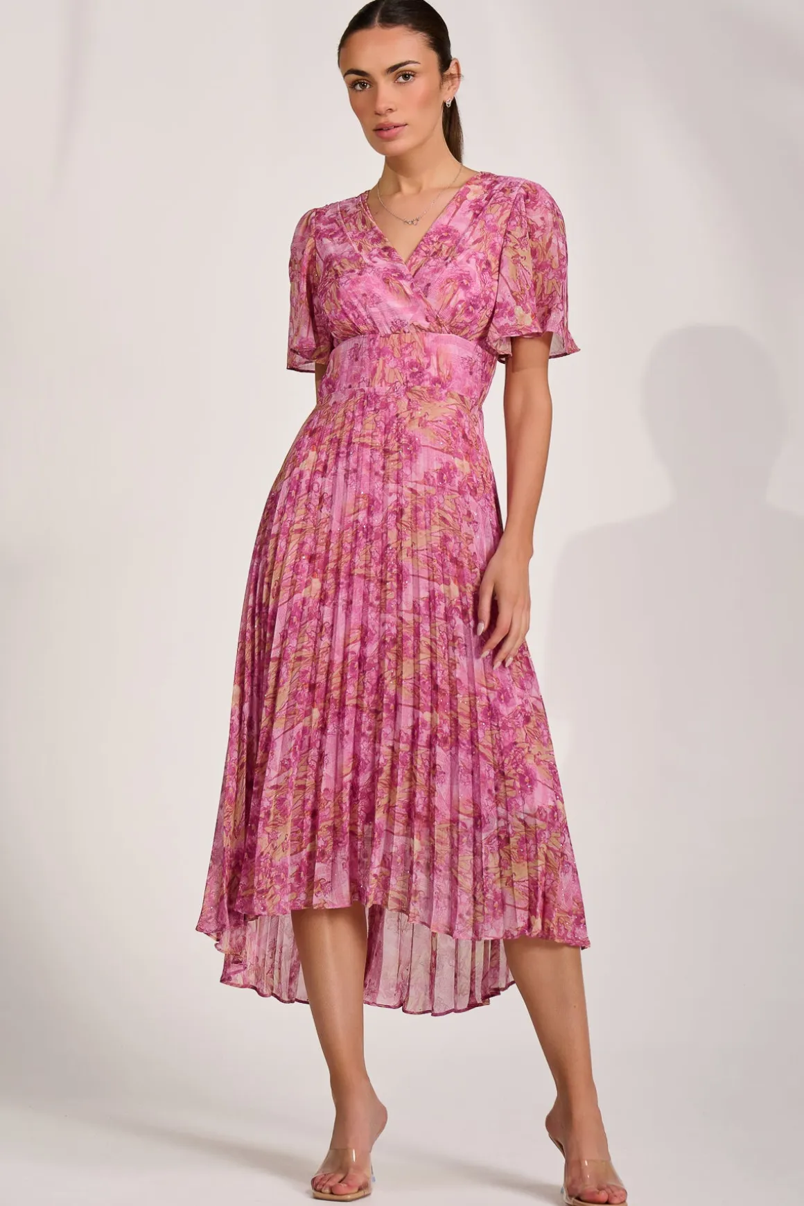 Printed Chiffon Glitter Maxi Dress, Pink Abstract