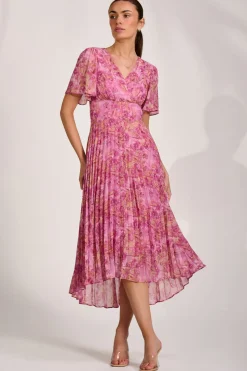 Printed Chiffon Glitter Maxi Dress, Pink Abstract
