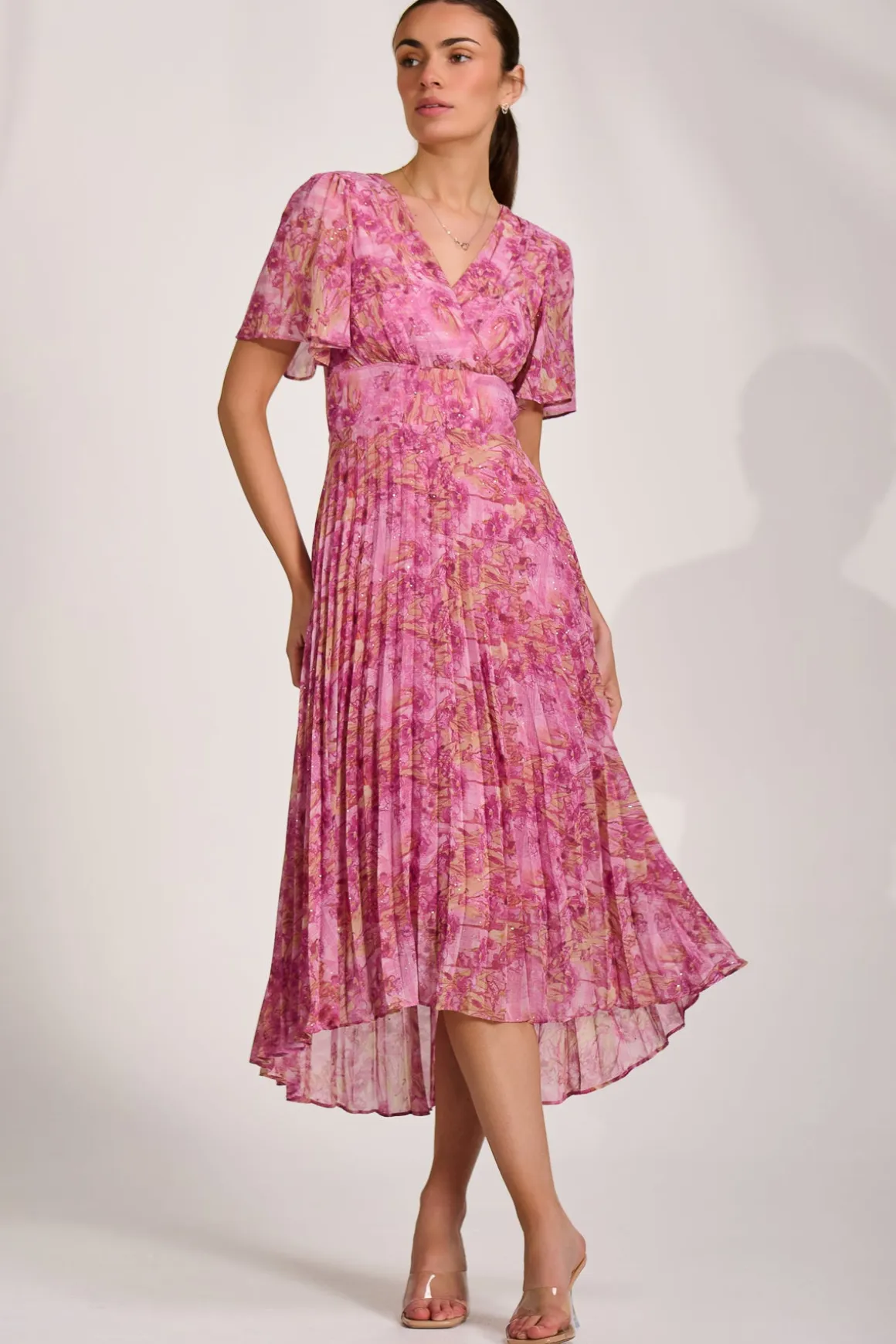 Printed Chiffon Glitter Maxi Dress, Pink Abstract