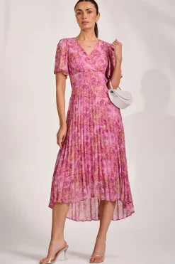 Printed Chiffon Glitter Maxi Dress, Pink Abstract
