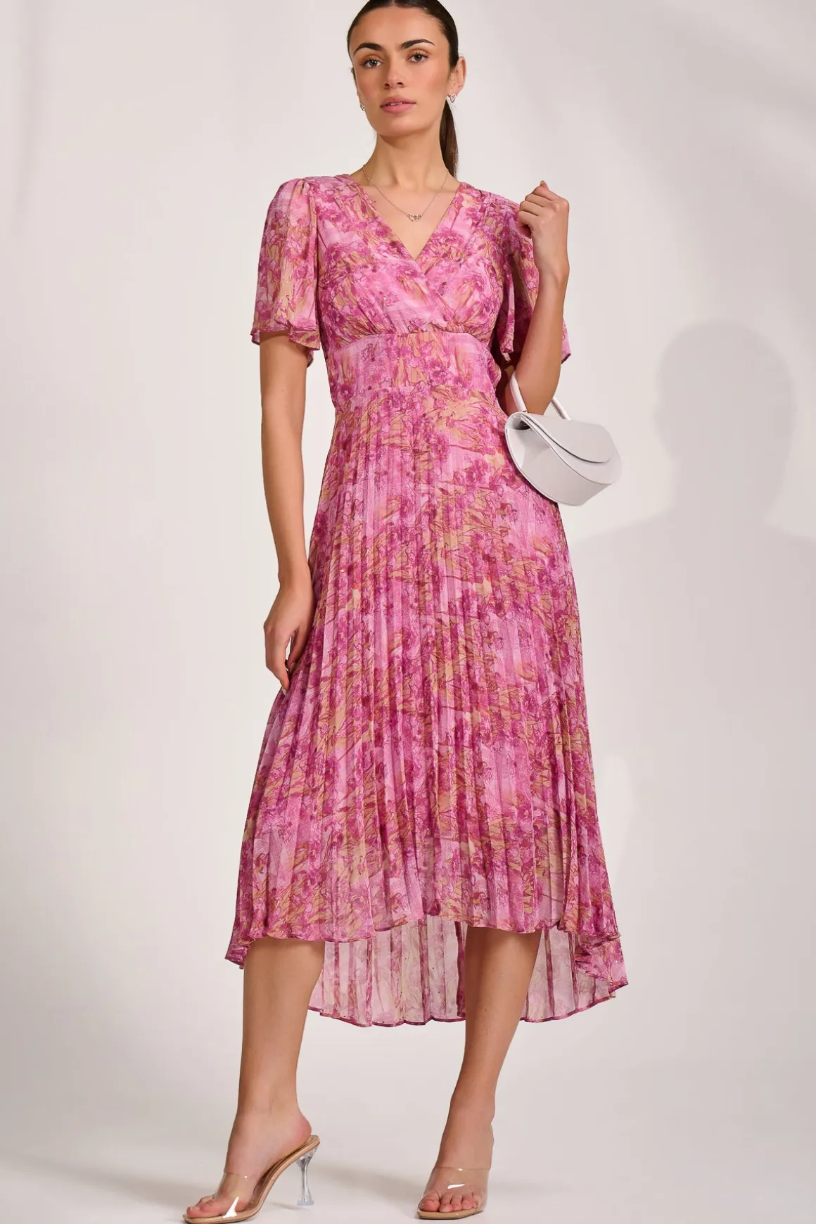 Printed Chiffon Glitter Maxi Dress, Pink Abstract