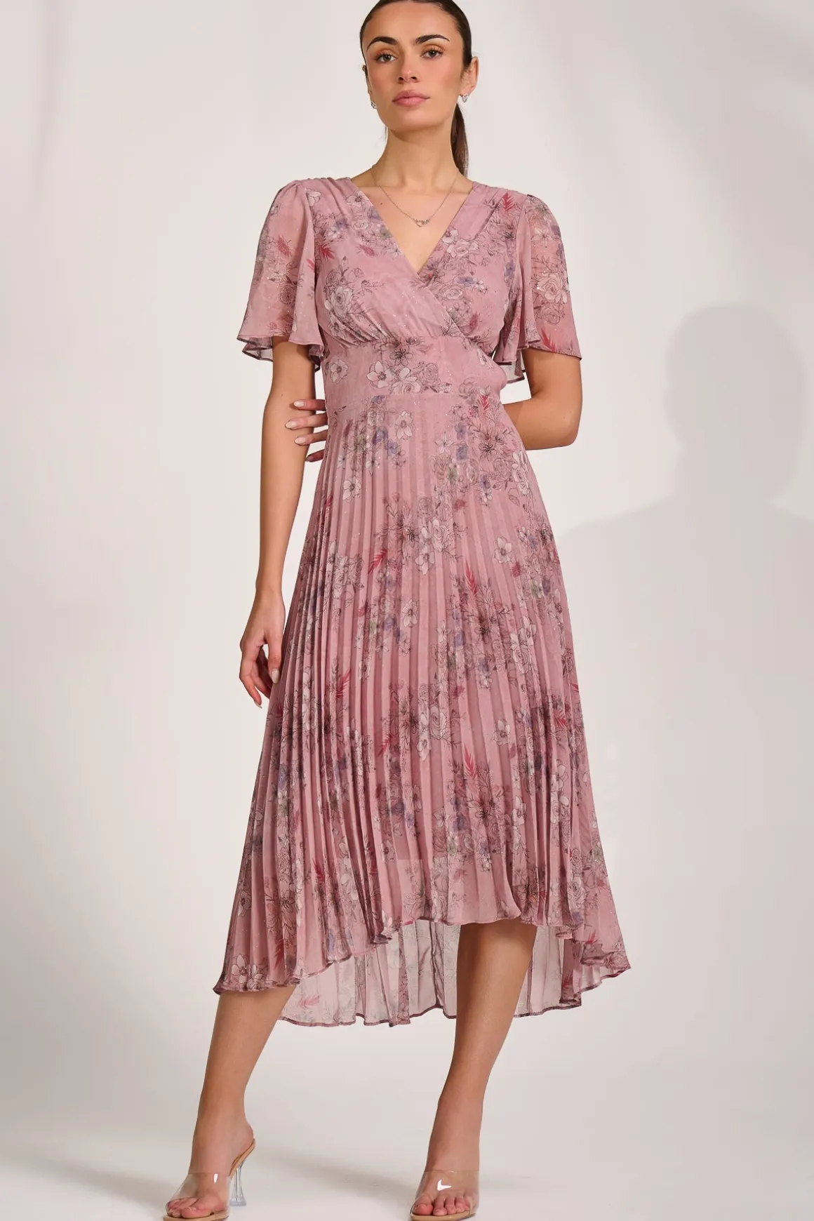 Printed Chiffon Glitter Maxi Dress, Pink Floral