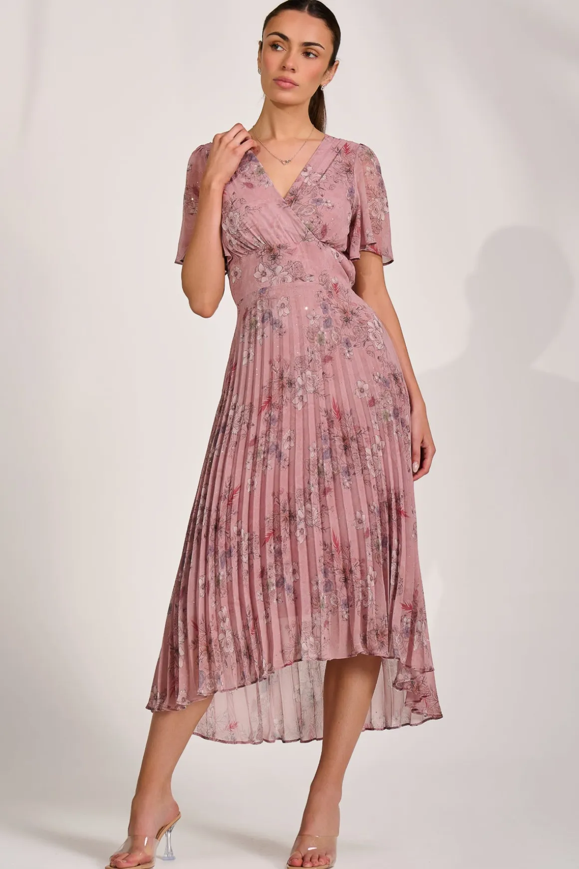Printed Chiffon Glitter Maxi Dress, Pink Floral