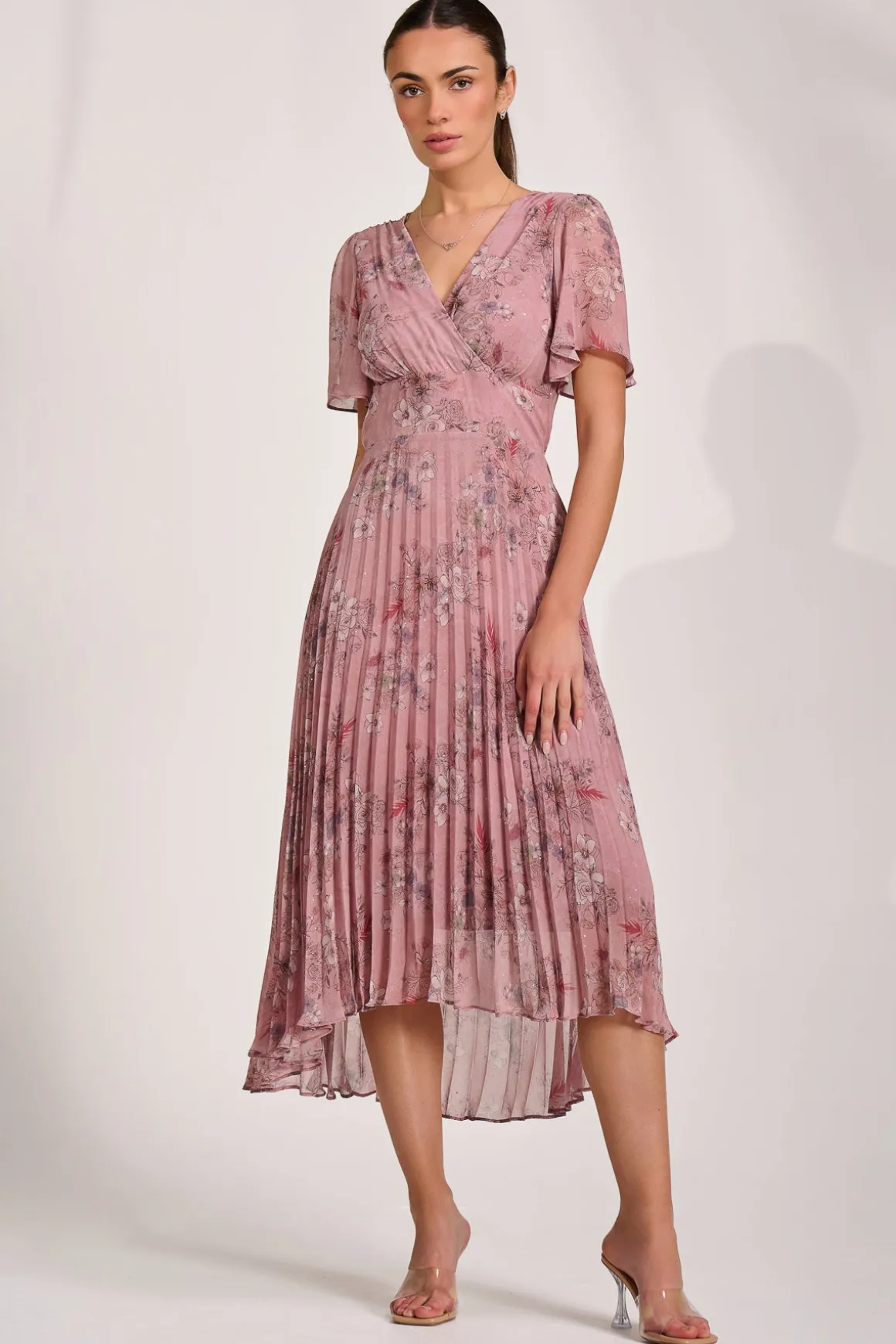 Printed Chiffon Glitter Maxi Dress, Pink Floral