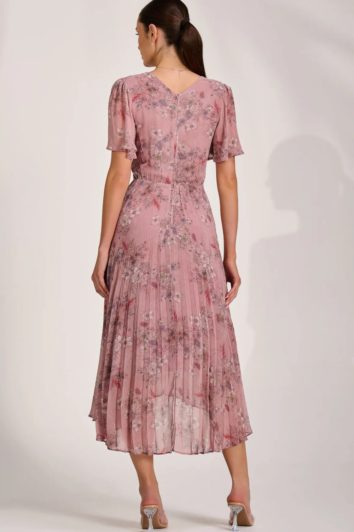 Printed Chiffon Glitter Maxi Dress, Pink Floral