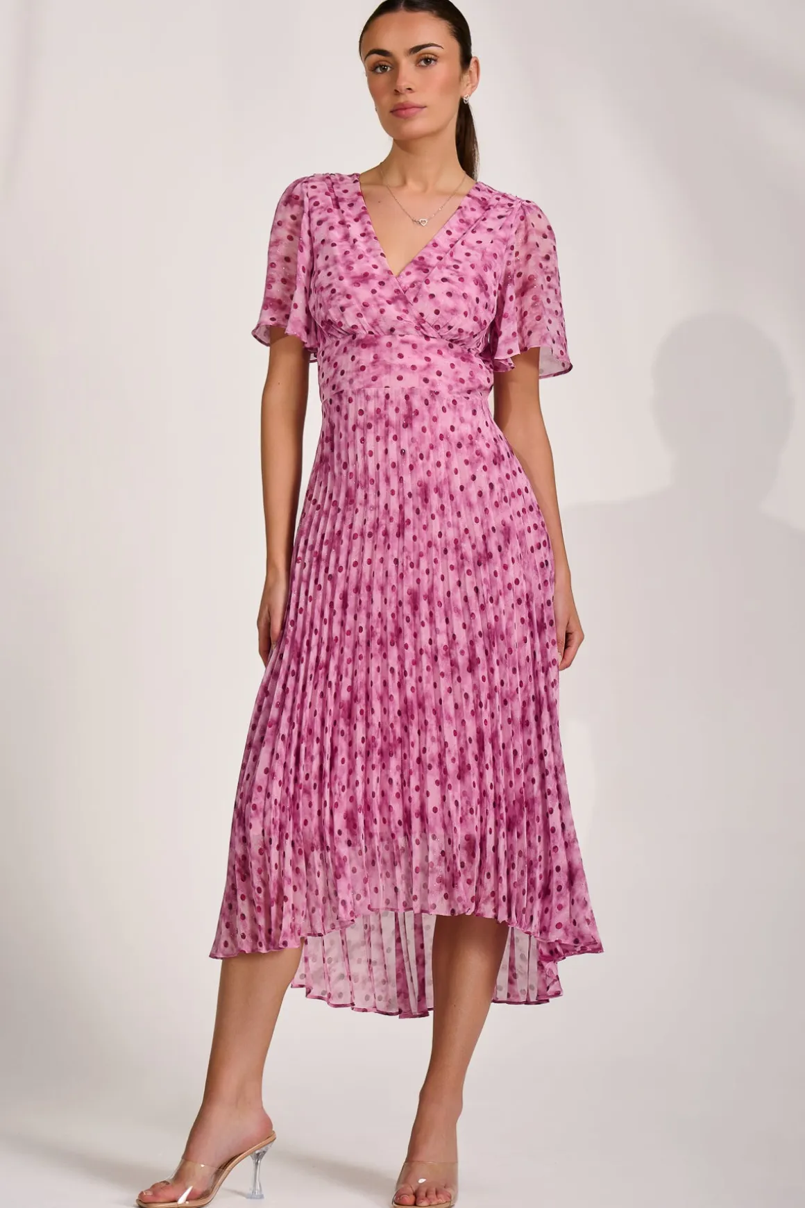Printed Chiffon Glitter Maxi Dress, Pink Spot