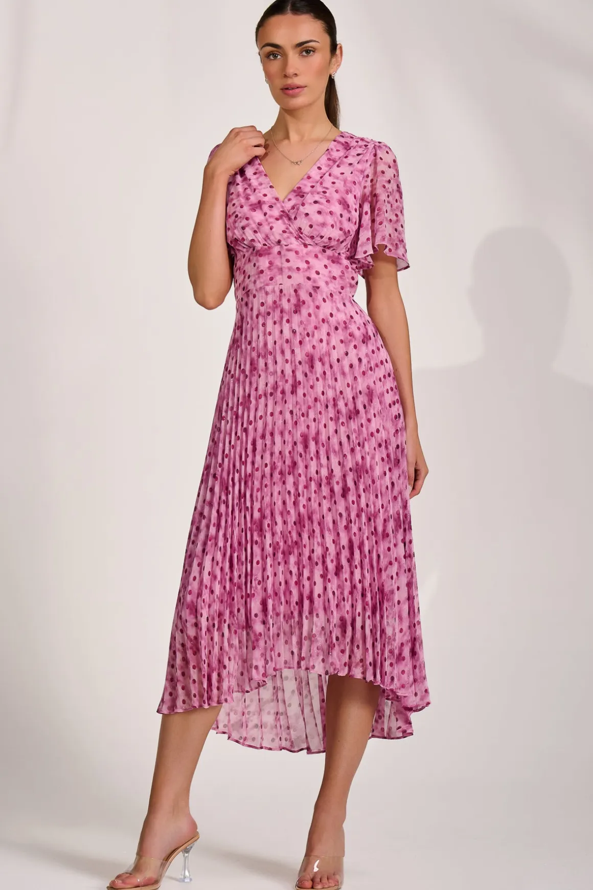 Printed Chiffon Glitter Maxi Dress, Pink Spot