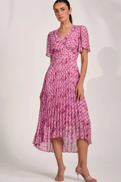 Printed Chiffon Glitter Maxi Dress, Pink Spot