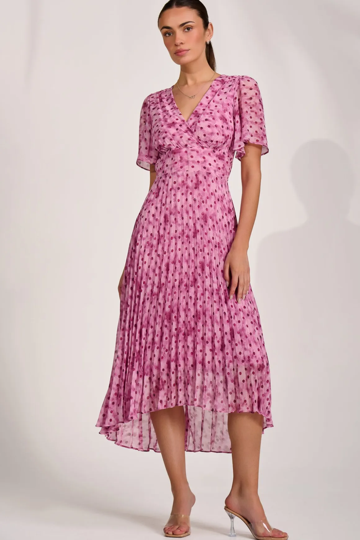 Printed Chiffon Glitter Maxi Dress, Pink Spot