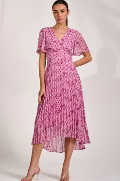 Printed Chiffon Glitter Maxi Dress, Pink Spot