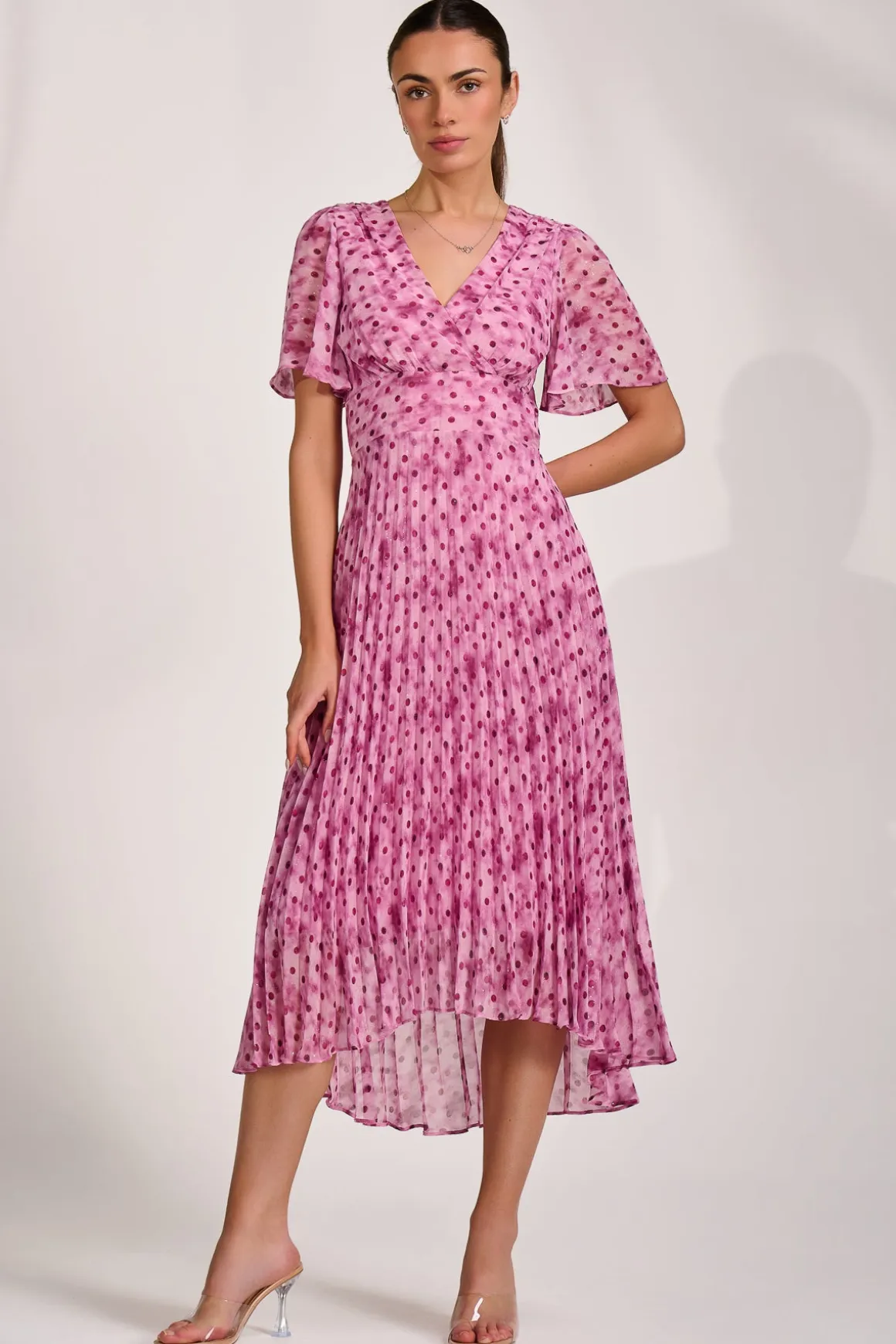 Printed Chiffon Glitter Maxi Dress, Pink Spot