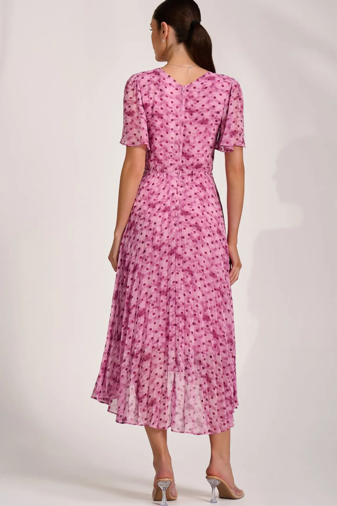 Printed Chiffon Glitter Maxi Dress, Pink Spot