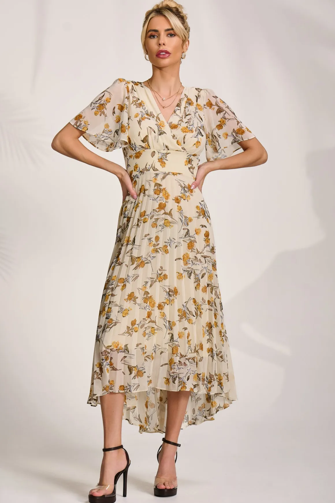 Printed Chiffon Pleated Maxi Dress, Amber Floral