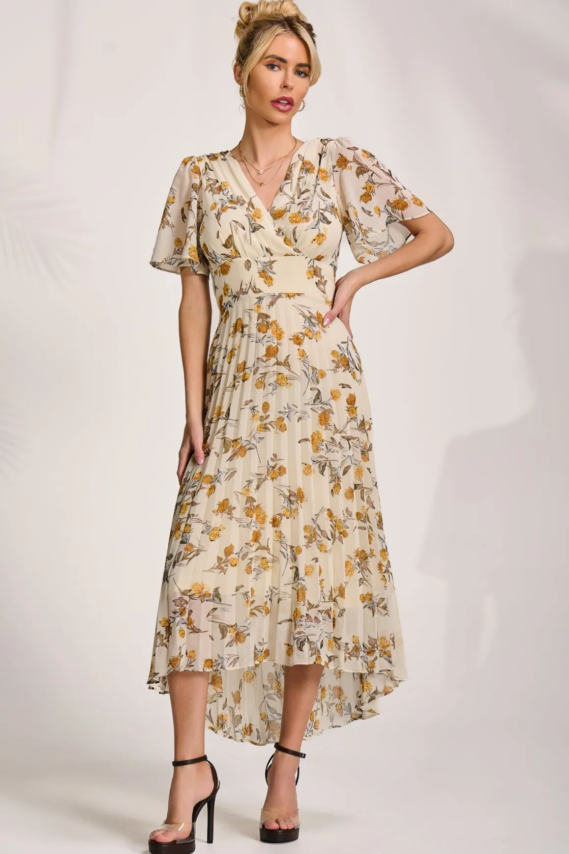 Printed Chiffon Pleated Maxi Dress, Amber Floral