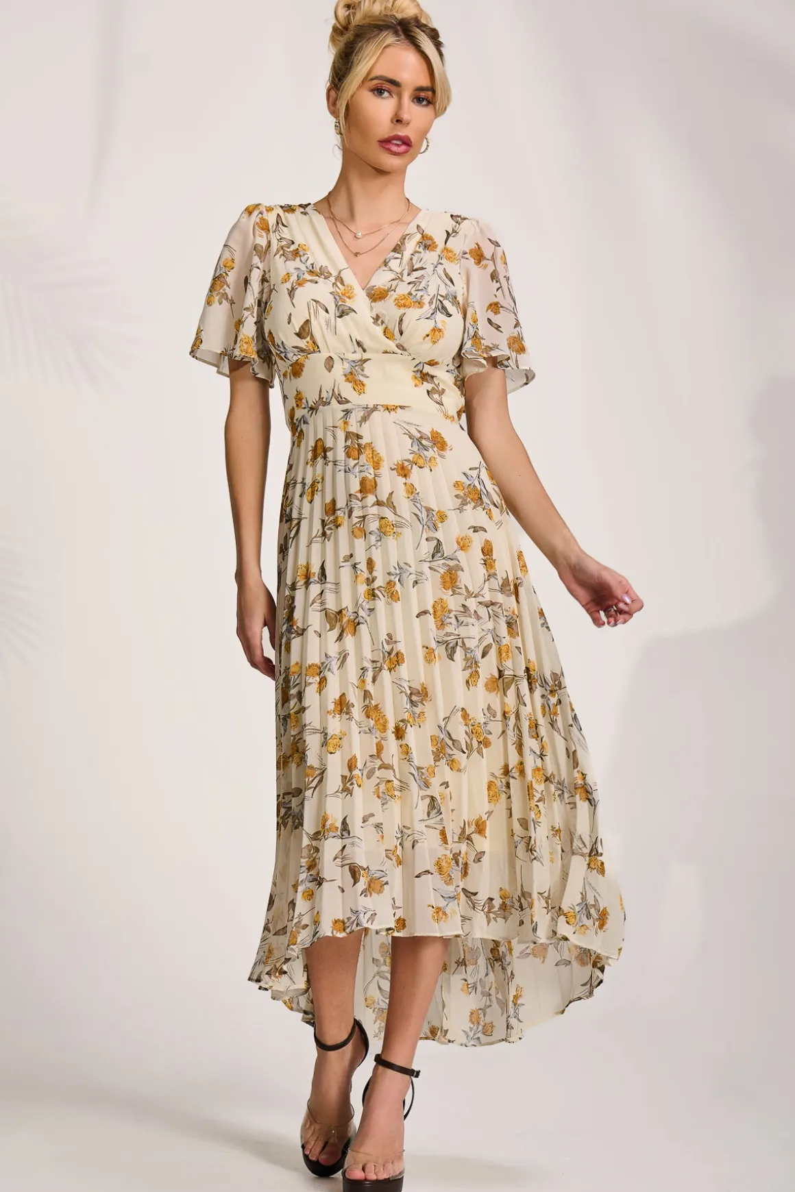 Printed Chiffon Pleated Maxi Dress, Amber Floral