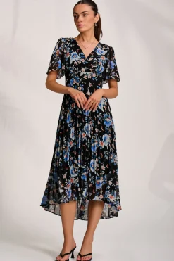 Printed Chiffon Pleated Maxi Dress, Black Floral