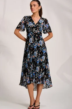 Printed Chiffon Pleated Maxi Dress, Black Floral