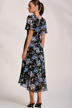 Printed Chiffon Pleated Maxi Dress, Black Floral