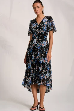 Printed Chiffon Pleated Maxi Dress, Black Floral