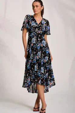 Printed Chiffon Pleated Maxi Dress, Black Floral
