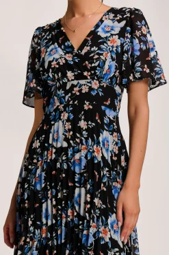 Printed Chiffon Pleated Maxi Dress, Black Floral
