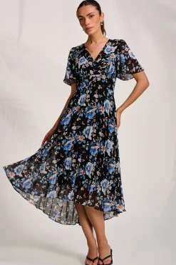 Printed Chiffon Pleated Maxi Dress, Black Floral