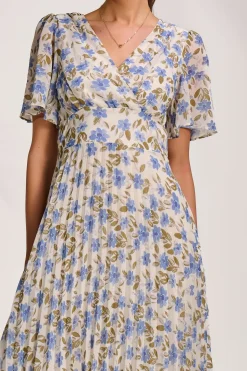 Printed Chiffon Pleated Maxi Dress, Blue Floral