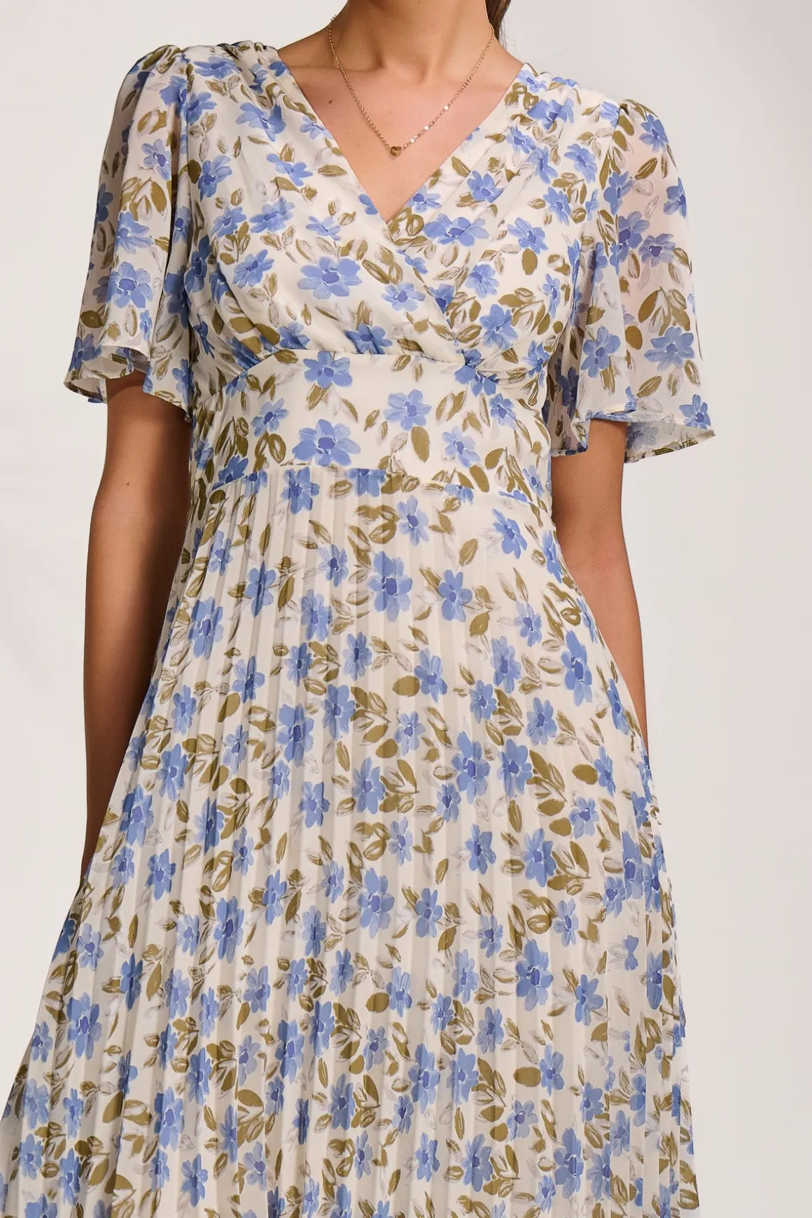 Printed Chiffon Pleated Maxi Dress, Blue Floral