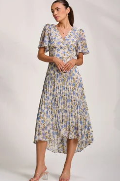 Printed Chiffon Pleated Maxi Dress, Blue Floral
