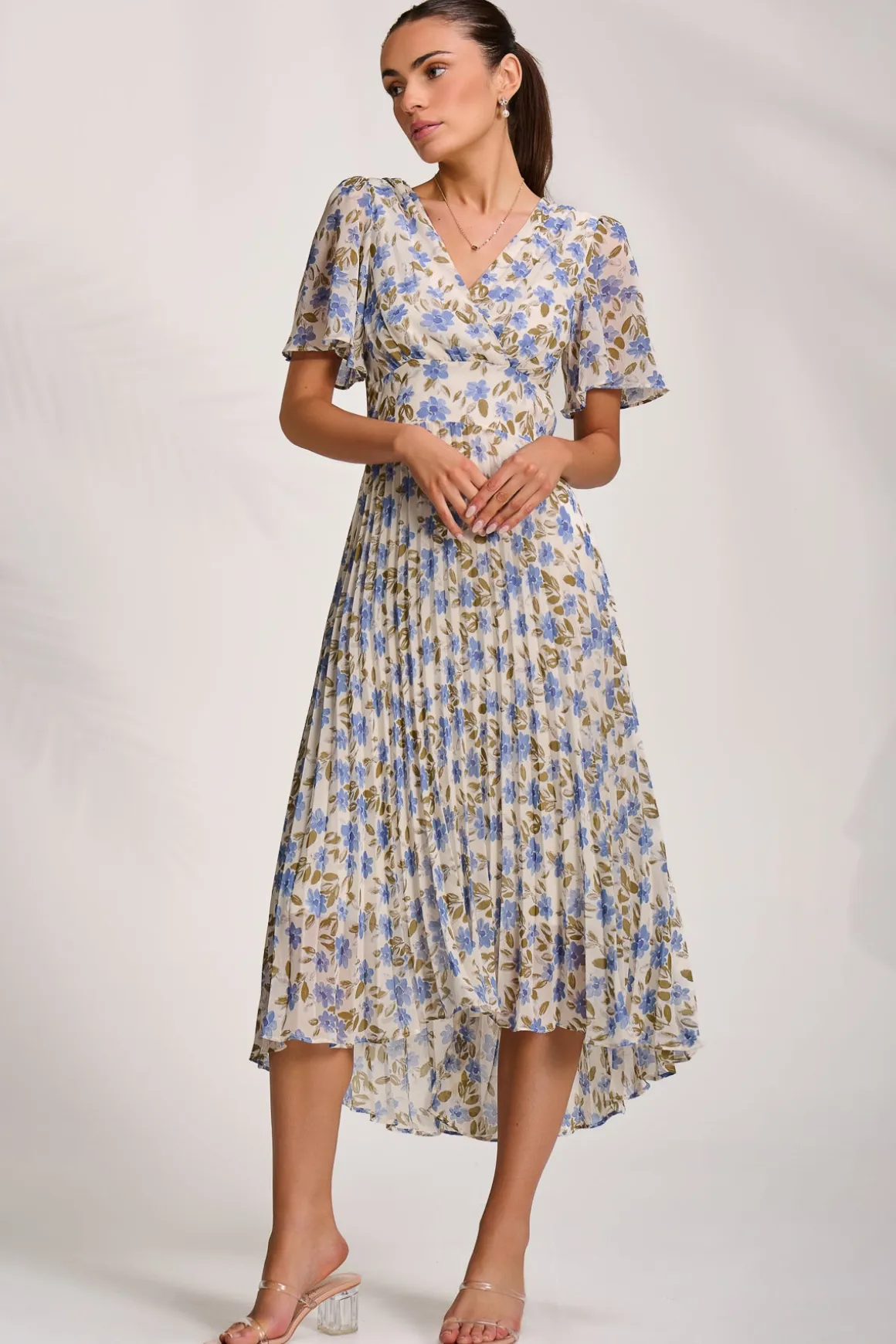 Printed Chiffon Pleated Maxi Dress, Blue Floral