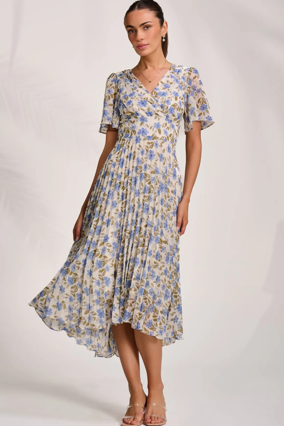 Printed Chiffon Pleated Maxi Dress, Blue Floral