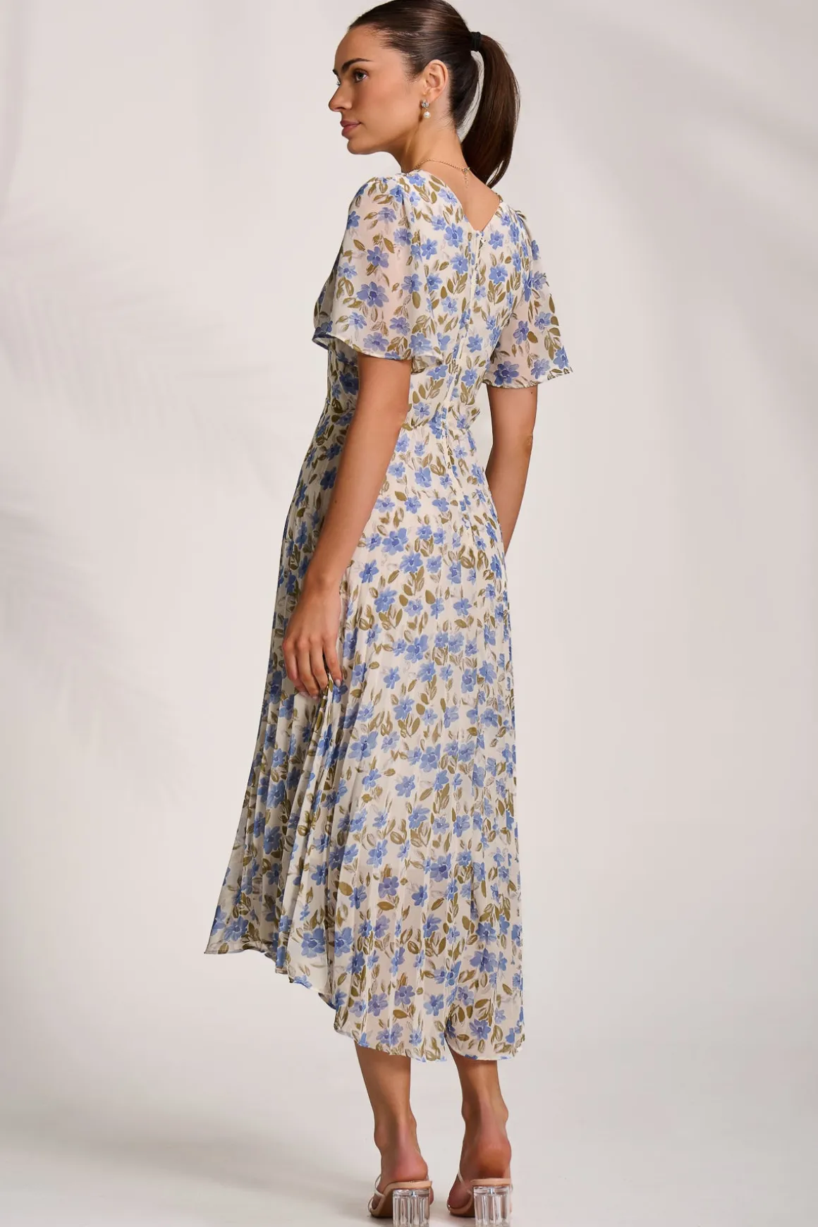 Printed Chiffon Pleated Maxi Dress, Blue Floral