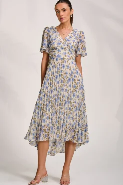 Printed Chiffon Pleated Maxi Dress, Blue Floral