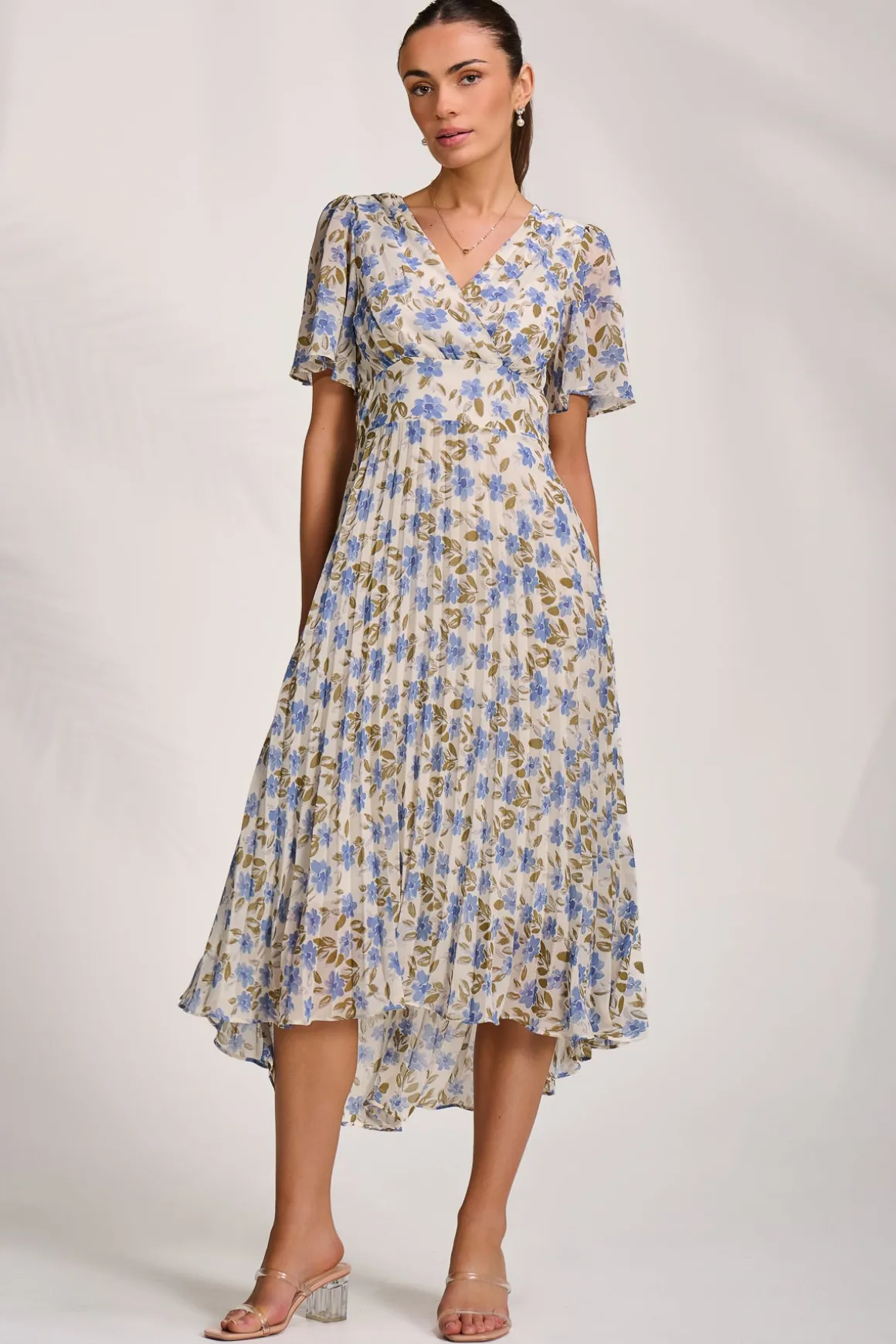 Printed Chiffon Pleated Maxi Dress, Blue Floral