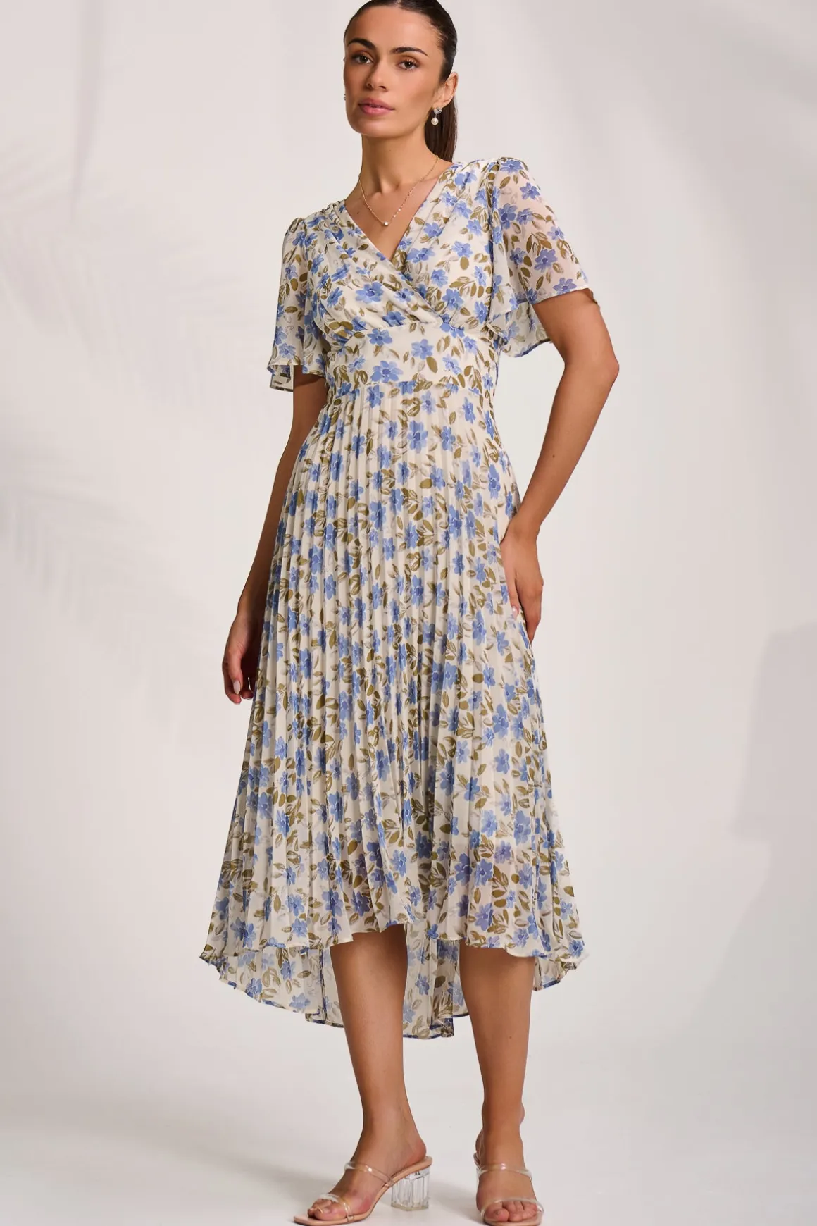 Printed Chiffon Pleated Maxi Dress, Blue Floral