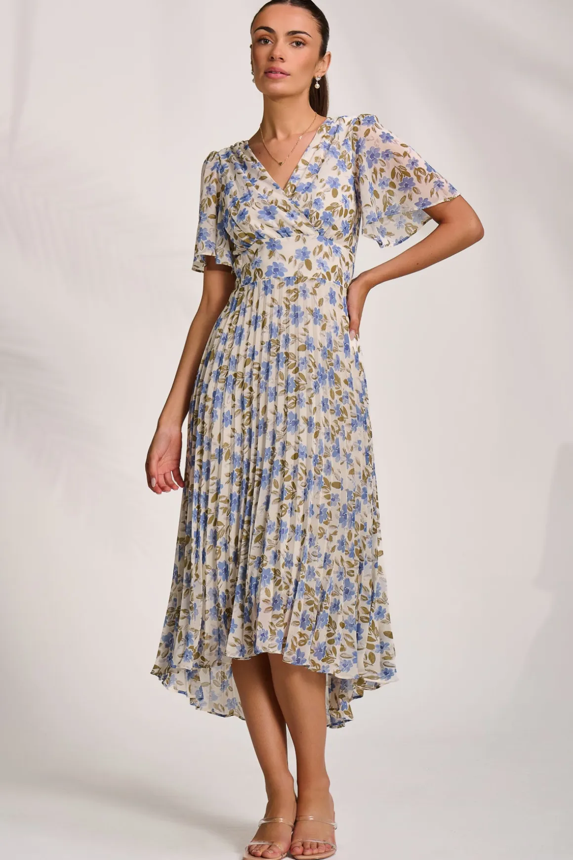 Printed Chiffon Pleated Maxi Dress, Blue Floral
