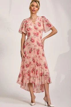 Printed Chiffon Pleated Maxi Dress, Coral Floral