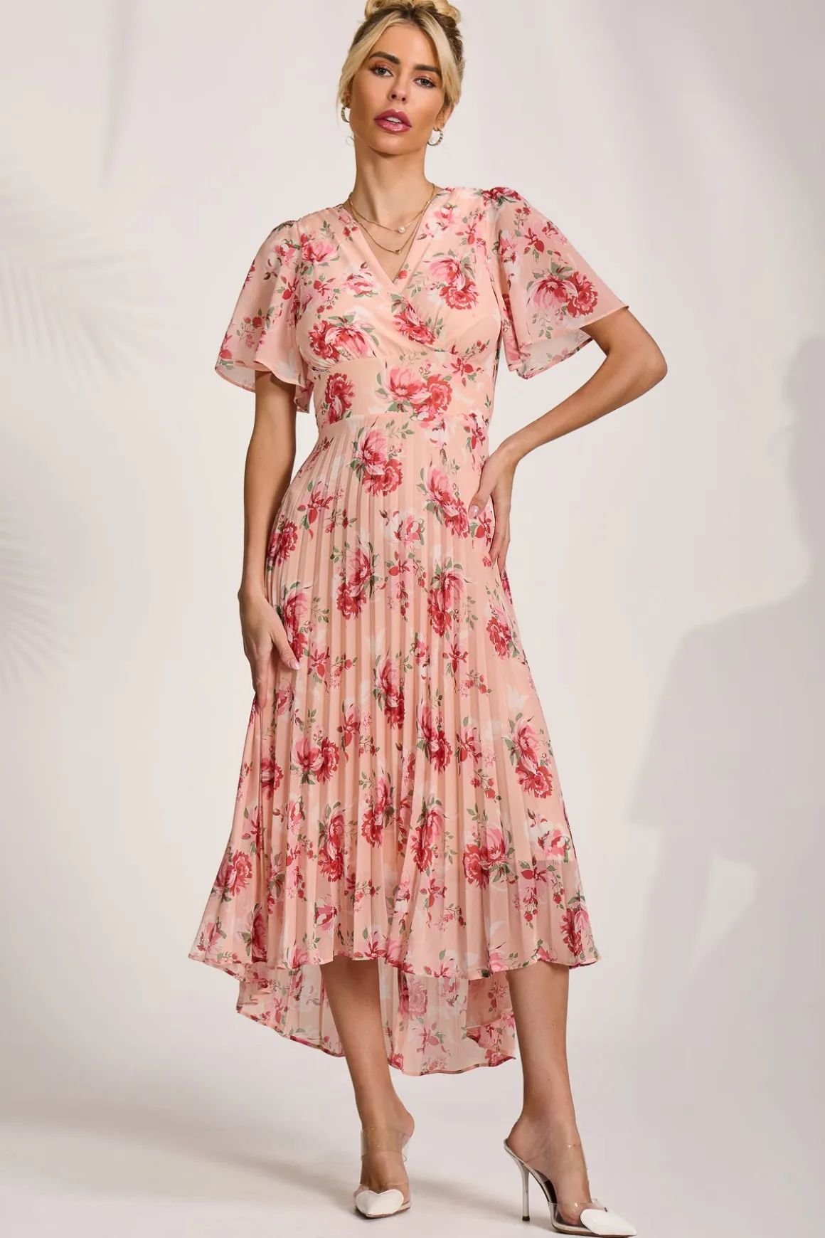Printed Chiffon Pleated Maxi Dress, Coral Floral
