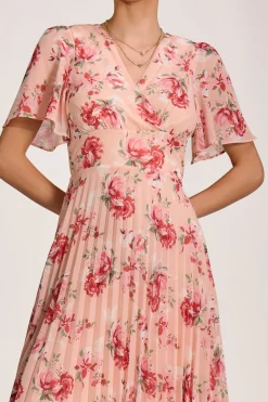 Printed Chiffon Pleated Maxi Dress, Coral Floral