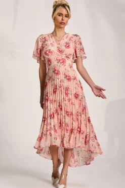 Printed Chiffon Pleated Maxi Dress, Coral Floral