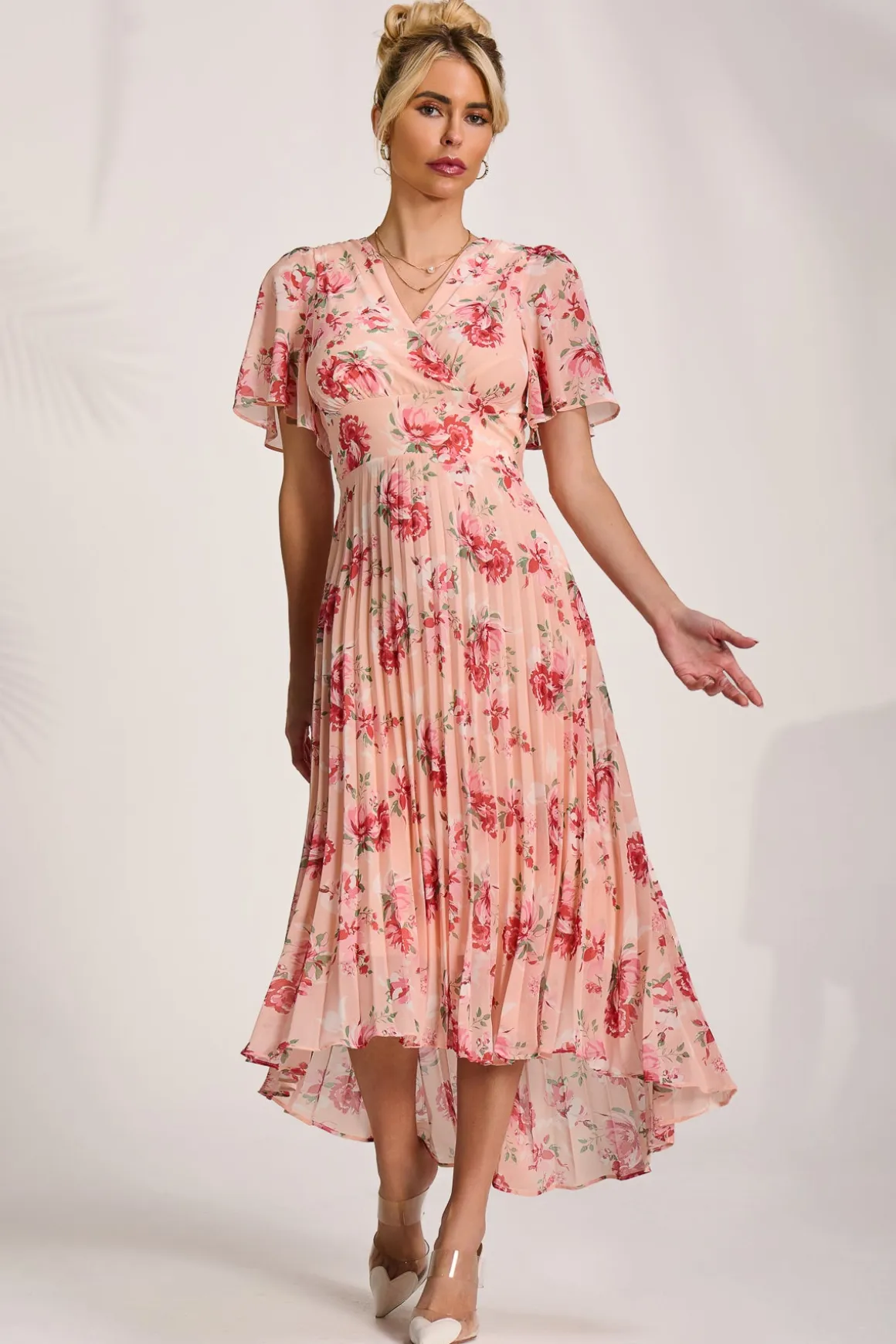 Printed Chiffon Pleated Maxi Dress, Coral Floral