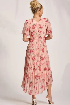 Printed Chiffon Pleated Maxi Dress, Coral Floral