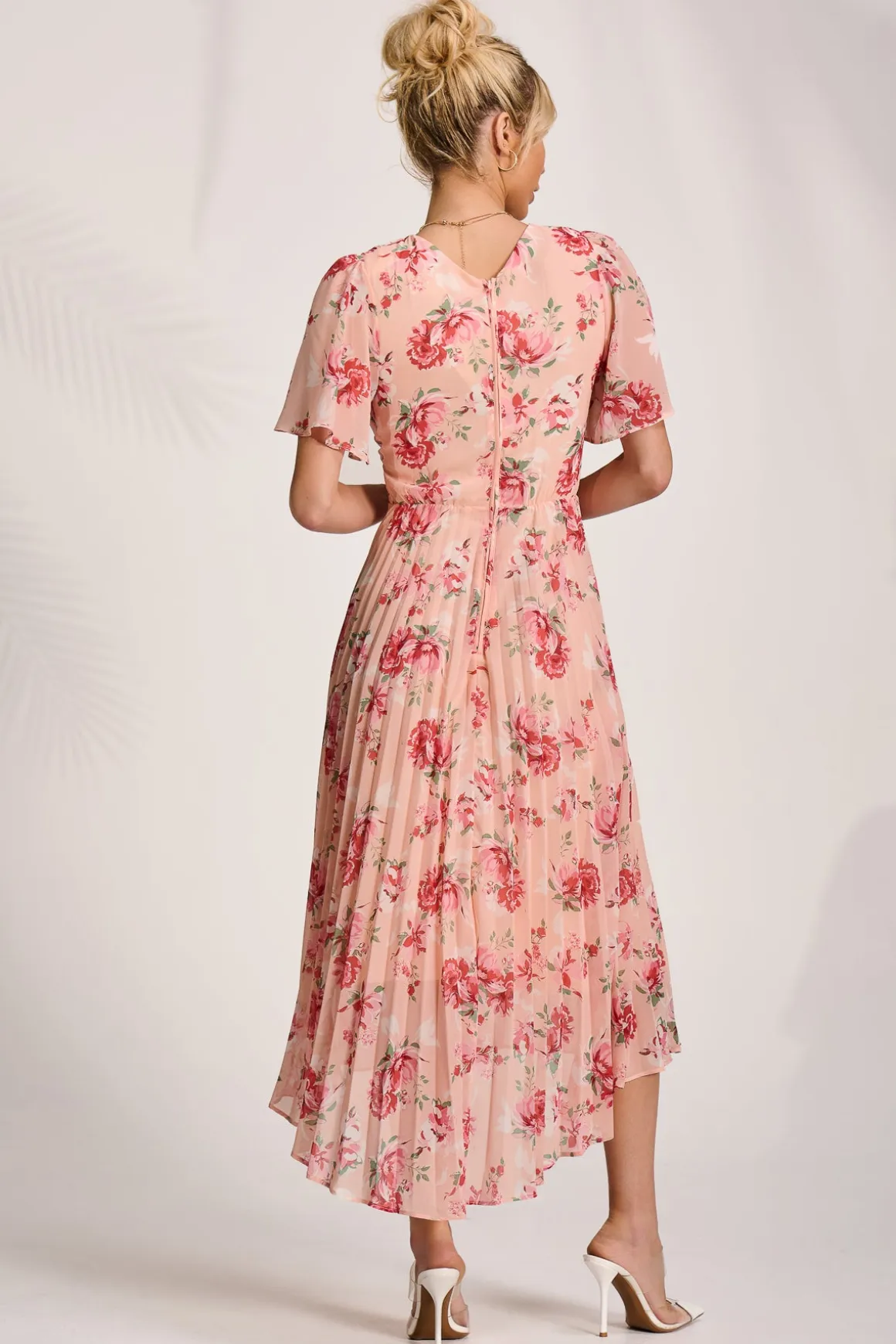 Printed Chiffon Pleated Maxi Dress, Coral Floral