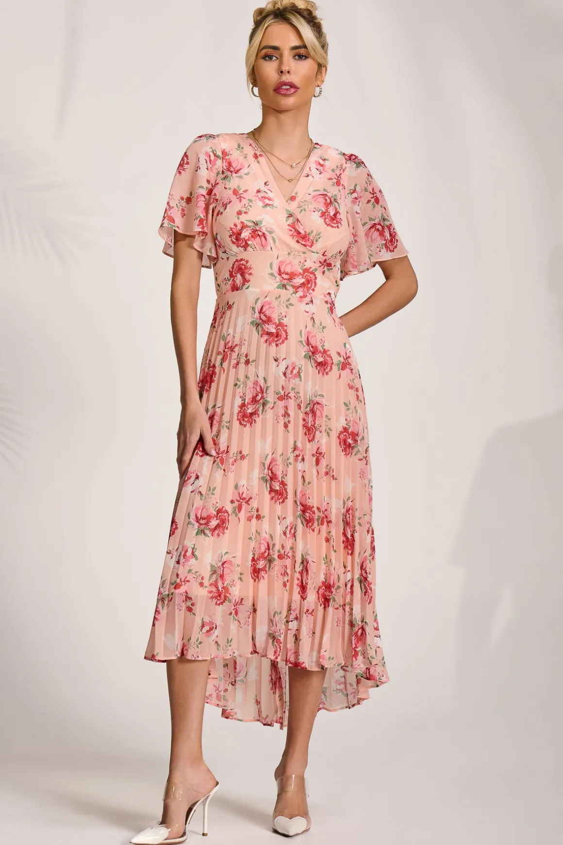 Printed Chiffon Pleated Maxi Dress, Coral Floral