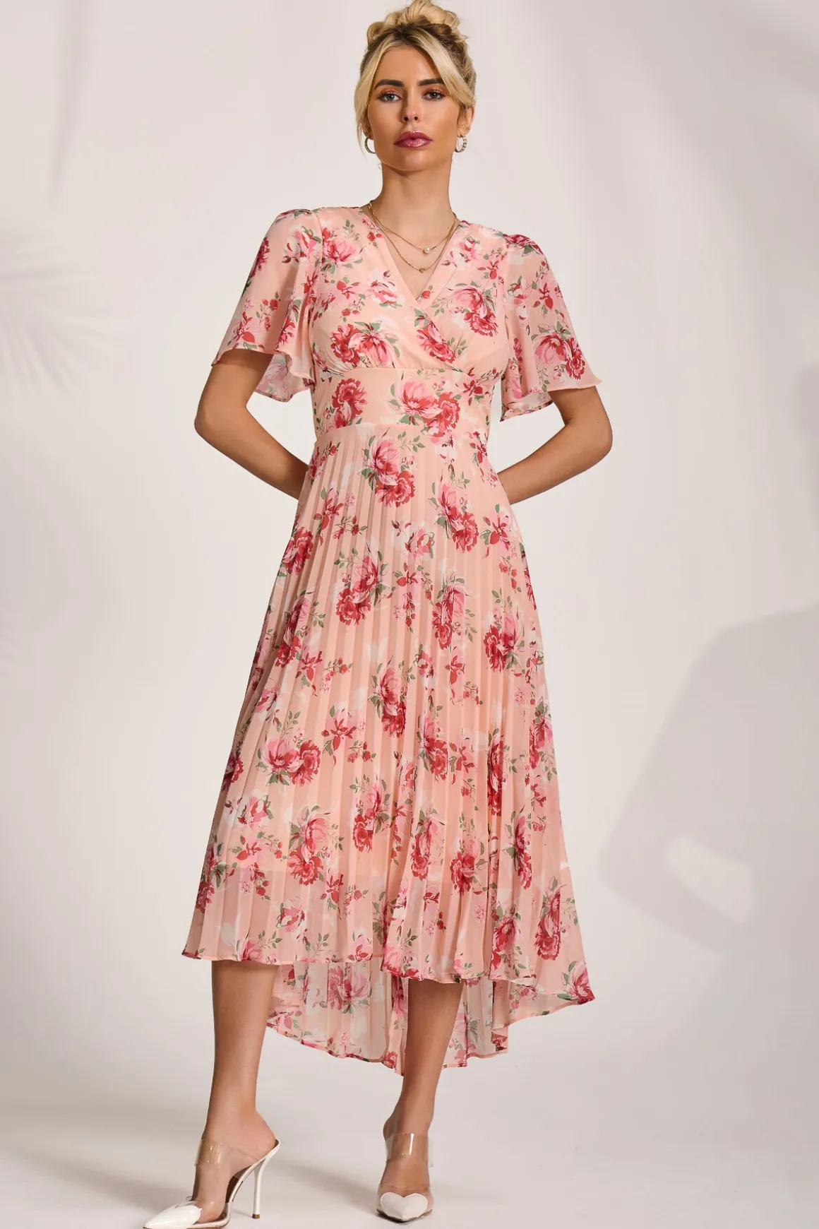 Printed Chiffon Pleated Maxi Dress, Coral Floral