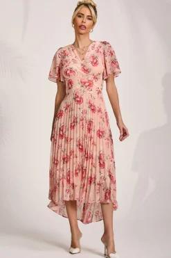 Printed Chiffon Pleated Maxi Dress, Coral Floral
