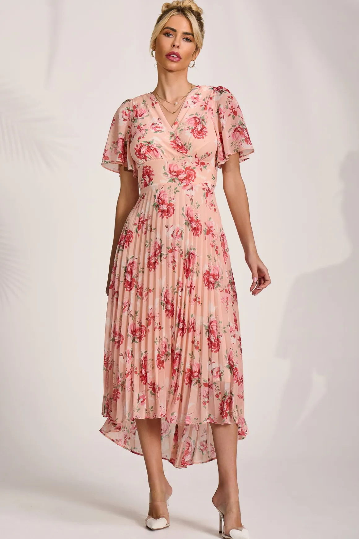 Printed Chiffon Pleated Maxi Dress, Coral Floral