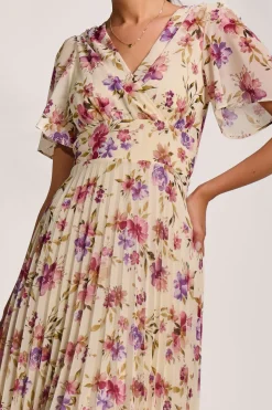 Printed Chiffon Pleated Maxi Dress, Cream Floral