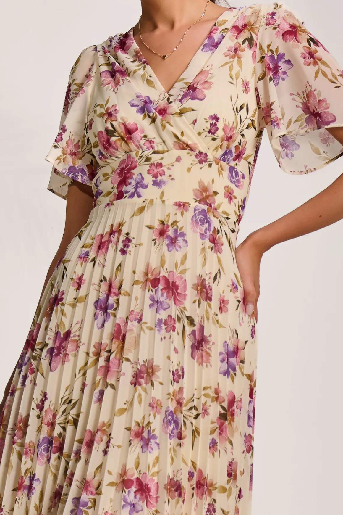 Printed Chiffon Pleated Maxi Dress, Cream Floral