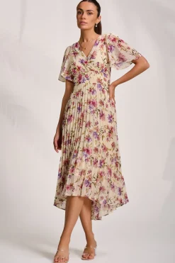 Printed Chiffon Pleated Maxi Dress, Cream Floral